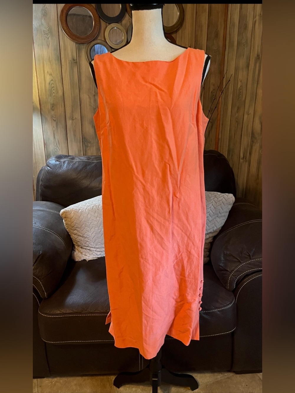 Spenser Jeremy Vibrant Orange Lined Silk-Linen Sheath Dress with Accent Buttons